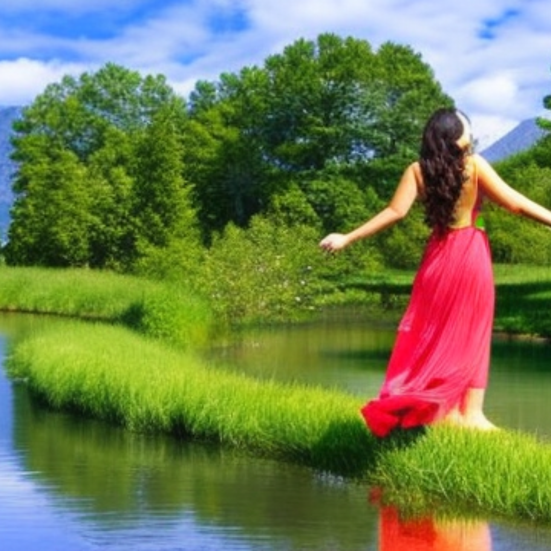 A goddess standing on a green patch on a water body